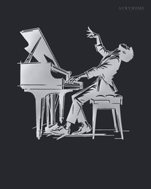 Pianist at the Grand Piano Wall Art for Music Rooms in mirror silver acrylic, float-mounted on a deep graphite wall.