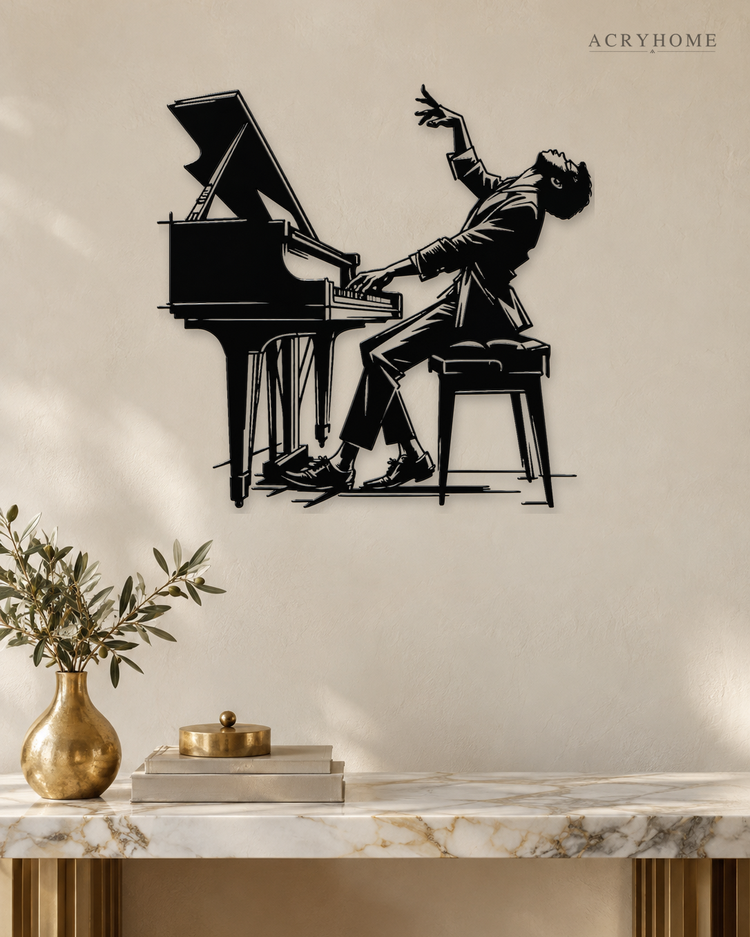 Pianist at the Grand Piano Wall Art for Music Rooms in gloss piano black acrylic, float-mounted on a pale ivory wall.