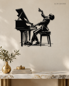 Pianist at the Grand Piano Wall Art for Music Rooms in gloss piano black acrylic, float-mounted on a pale ivory wall.
