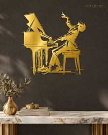 Pianist at the Grand Piano Wall Art for Music Rooms in mirror gold acrylic, float-mounted on a deep charcoal wall.