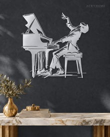 Pianist at the Grand Piano Wall Art for Music Rooms in mirror silver acrylic, float-mounted on a deep graphite wall.