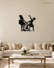 Pianist at the Grand Piano Wall Art for Music Rooms in gloss piano black acrylic, float-mounted on a pale ivory wall.