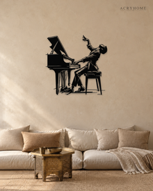 Pianist at the Grand Piano Wall Art for Music Rooms in gloss piano black acrylic, float-mounted on a pale ivory wall.
