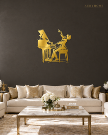 Pianist at the Grand Piano Wall Art for Music Rooms in mirror gold acrylic, float-mounted on a deep charcoal wall.