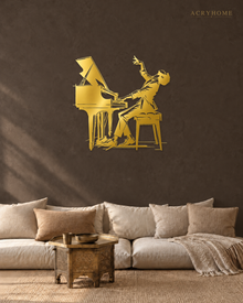 Pianist at the Grand Piano Wall Art for Music Rooms in mirror gold acrylic, float-mounted on a deep charcoal wall.