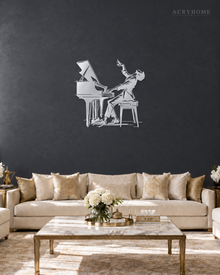 Pianist at the Grand Piano Wall Art for Music Rooms in mirror silver acrylic, float-mounted on a deep graphite wall.