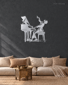 Pianist at the Grand Piano Wall Art for Music Rooms in mirror silver acrylic, float-mounted on a deep graphite wall.