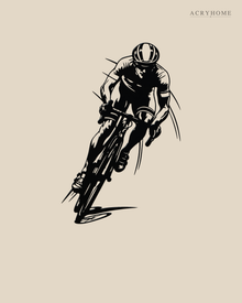 Road Cyclist in Full Sprint Wall Art for Home Gyms in gloss piano black acrylic, float-mounted on a pale ivory wall.