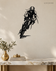 Road Cyclist in Full Sprint Wall Art for Home Gyms in gloss piano black acrylic, float-mounted on a pale ivory wall.