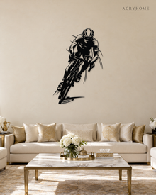 Road Cyclist in Full Sprint Wall Art for Home Gyms in gloss piano black acrylic, float-mounted on a pale ivory wall.