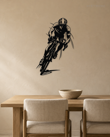 Road Cyclist in Full Sprint Wall Art for Home Gyms in gloss piano black acrylic, float-mounted on a pale ivory wall.