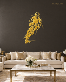 Road Cyclist in Full Sprint Wall Art for Home Gyms in mirror gold acrylic, float-mounted on a deep charcoal wall.