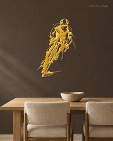 Road Cyclist in Full Sprint Wall Art for Home Gyms in mirror gold acrylic, float-mounted on a deep charcoal wall.