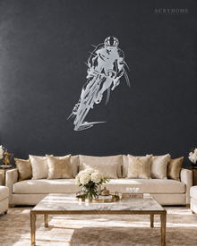 Road Cyclist in Full Sprint Wall Art for Home Gyms in mirror silver acrylic, float-mounted on a deep graphite wall.