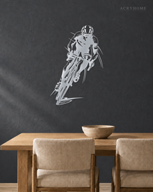 Road Cyclist in Full Sprint Wall Art for Home Gyms in mirror silver acrylic, float-mounted on a deep graphite wall.