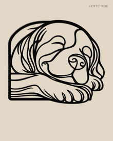 Sleeping Puppy Line-Art Wall Art for Nurseries and Hallways in gloss piano black acrylic, float-mounted on a pale ivory wall.