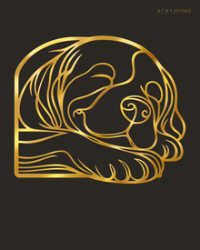 Sleeping Puppy Line-Art Wall Art for Nurseries and Hallways in mirror gold acrylic, float-mounted on a deep charcoal wall.