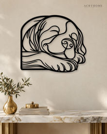 Sleeping Puppy Line-Art Wall Art for Nurseries and Hallways in gloss piano black acrylic, float-mounted on a pale ivory wall.
