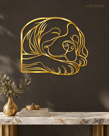 Sleeping Puppy Line-Art Wall Art for Nurseries and Hallways in mirror gold acrylic, float-mounted on a deep charcoal wall.