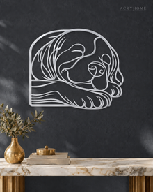 Sleeping Puppy Line-Art Wall Art for Nurseries and Hallways in mirror silver acrylic, float-mounted on a deep graphite wall.