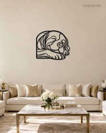 Sleeping Puppy Line-Art Wall Art for Nurseries and Hallways in gloss piano black acrylic, float-mounted on a pale ivory wall.