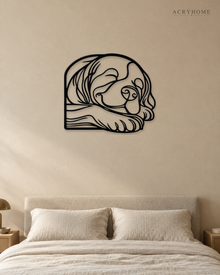 Sleeping Puppy Line-Art Wall Art for Nurseries and Hallways in gloss piano black acrylic, float-mounted on a pale ivory wall.