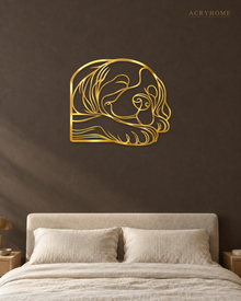 Sleeping Puppy Line-Art Wall Art for Nurseries and Hallways in mirror gold acrylic, float-mounted on a deep charcoal wall.