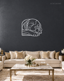Sleeping Puppy Line-Art Wall Art for Nurseries and Hallways in mirror silver acrylic, float-mounted on a deep graphite wall.