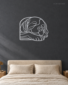 Sleeping Puppy Line-Art Wall Art for Nurseries and Hallways in mirror silver acrylic, float-mounted on a deep graphite wall.