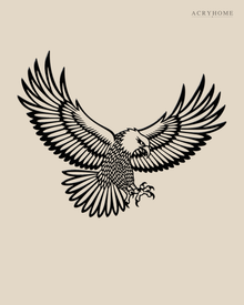 Eagle in Flight Wall Art with Feather Detail in gloss piano black acrylic, float-mounted on a pale ivory wall.