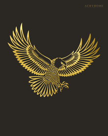 Eagle in Flight Wall Art with Feather Detail in mirror gold acrylic, float-mounted on a deep charcoal wall.