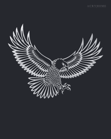 Eagle in Flight Wall Art with Feather Detail in mirror silver acrylic, float-mounted on a deep graphite wall.