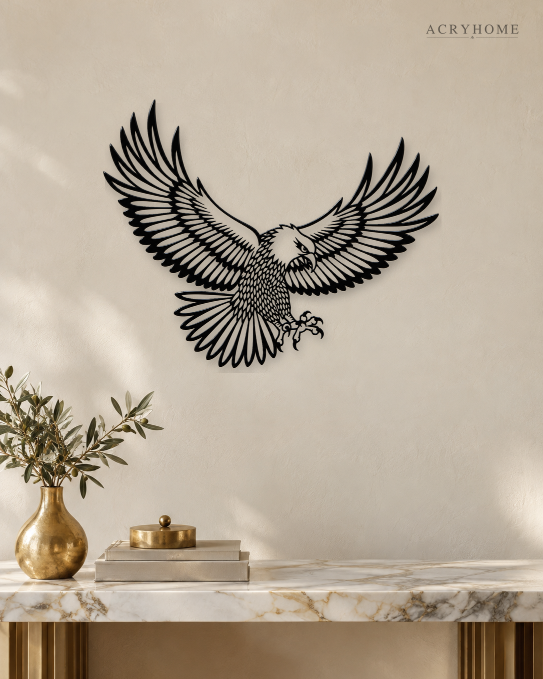 Eagle in Flight Wall Art with Feather Detail in gloss piano black acrylic, float-mounted on a pale ivory wall.