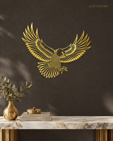 Eagle in Flight Wall Art with Feather Detail in mirror gold acrylic, float-mounted on a deep charcoal wall.