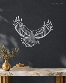 Eagle in Flight Wall Art with Feather Detail in mirror silver acrylic, float-mounted on a deep graphite wall.