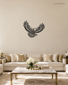 Eagle in Flight Wall Art with Feather Detail in gloss piano black acrylic, float-mounted on a pale ivory wall.