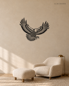Eagle in Flight Wall Art with Feather Detail in gloss piano black acrylic, float-mounted on a pale ivory wall.