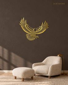 Eagle in Flight Wall Art with Feather Detail in mirror gold acrylic, float-mounted on a deep charcoal wall.