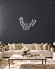 Eagle in Flight Wall Art with Feather Detail in mirror silver acrylic, float-mounted on a deep graphite wall.