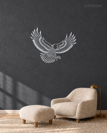 Eagle in Flight Wall Art with Feather Detail in mirror silver acrylic, float-mounted on a deep graphite wall.