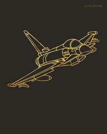 Fighter Jet Wall Art, Climbing Aircraft Outline in mirror gold acrylic, float-mounted on a deep charcoal wall.