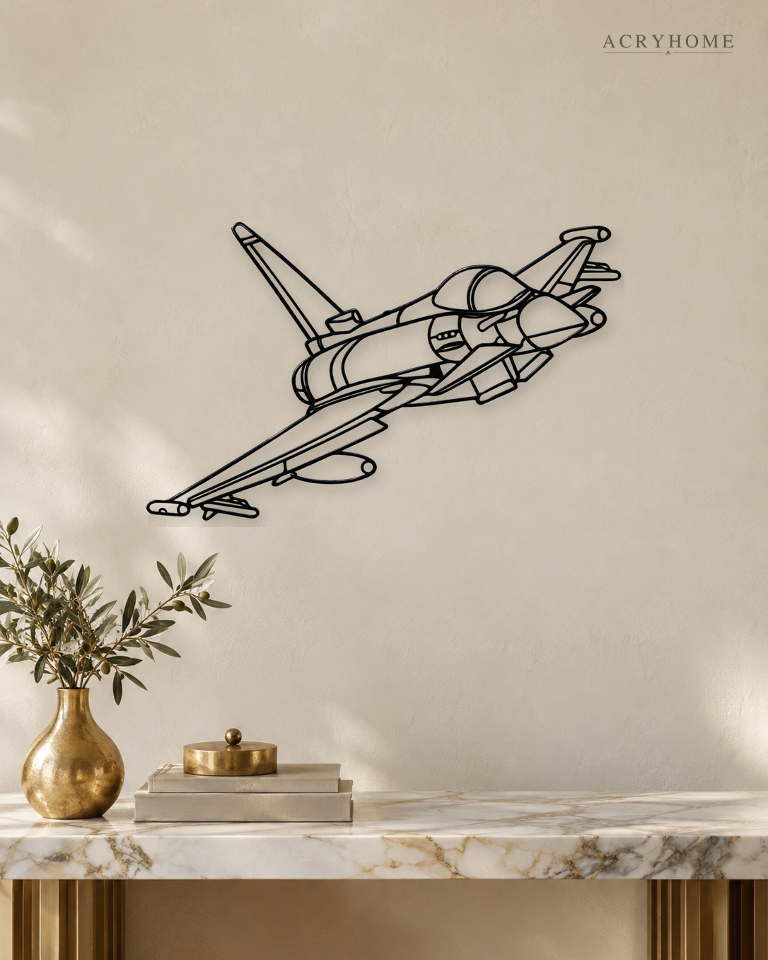 Fighter Jet Wall Art, Climbing Aircraft Outline in gloss piano black acrylic, float-mounted on a pale ivory wall.