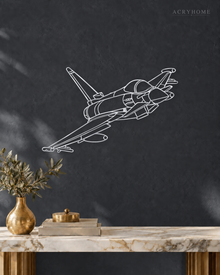 Fighter Jet Wall Art, Climbing Aircraft Outline in mirror silver acrylic, float-mounted on a deep graphite wall.