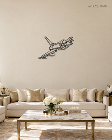 Fighter Jet Wall Art, Climbing Aircraft Outline in gloss piano black acrylic, float-mounted on a pale ivory wall.
