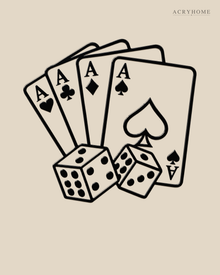 Four Aces and Dice Wall Art for Games Rooms and Home Bars in gloss piano black acrylic, float-mounted on a pale ivory wall.