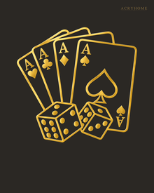 Four Aces and Dice Wall Art for Games Rooms and Home Bars in mirror gold acrylic, float-mounted on a deep charcoal wall.