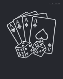 Four Aces and Dice Wall Art for Games Rooms and Home Bars in mirror silver acrylic, float-mounted on a deep graphite wall.