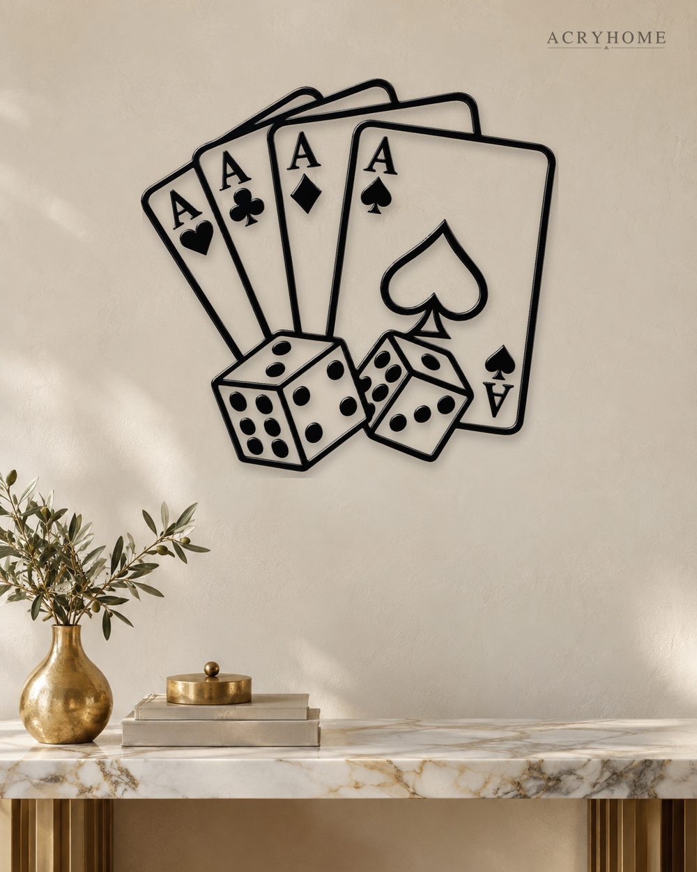 Four Aces and Dice Wall Art for Games Rooms and Home Bars in gloss piano black acrylic, float-mounted on a pale ivory wall.