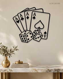 Four Aces and Dice Wall Art for Games Rooms and Home Bars in gloss piano black acrylic, float-mounted on a pale ivory wall.