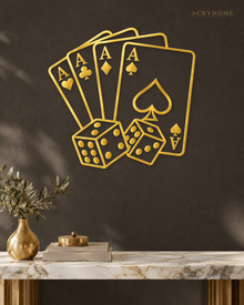Four Aces and Dice Wall Art for Games Rooms and Home Bars in mirror gold acrylic, float-mounted on a deep charcoal wall.